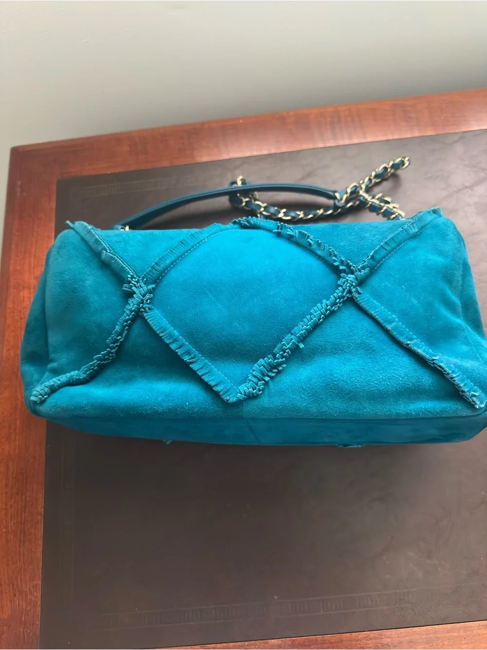 CHANEL Teal Suede Quilted Chain Shoulder Flap Bag